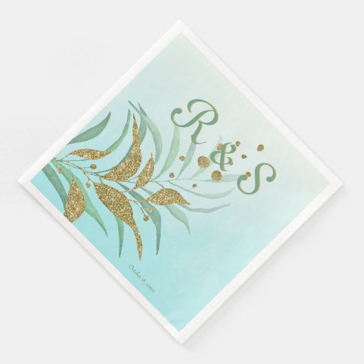Elegant Mint, Gold Waterverf Foliage Monogram Servet (Hoek)