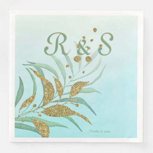 Elegant Mint, Gold Waterverf Foliage Monogram Servet (Voorkant)