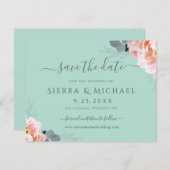 Elegant Mint Green Blush Pink Floral Save the Date Aankondiging (Voorkant / Achterkant)