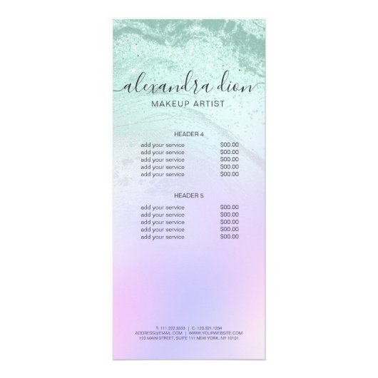 Elegant mint green glitter marble makeup artiest reclamekaart (Achterkant)