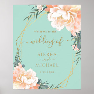 Elegant Mint Green Gold Blush Peach Floral Wedding Poster