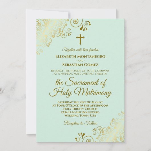 Elegant Mint Green & Gold Modern katholieke bruilo Kaart (Voorkant)
