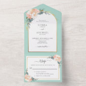 Elegant Mint Green Gold Peach Cream Floral Wedding All In One Uitnodiging (Binnen)