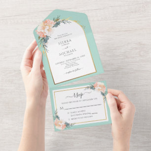Elegant Mint Green Gold Peach Cream Floral Wedding All In One Uitnodiging