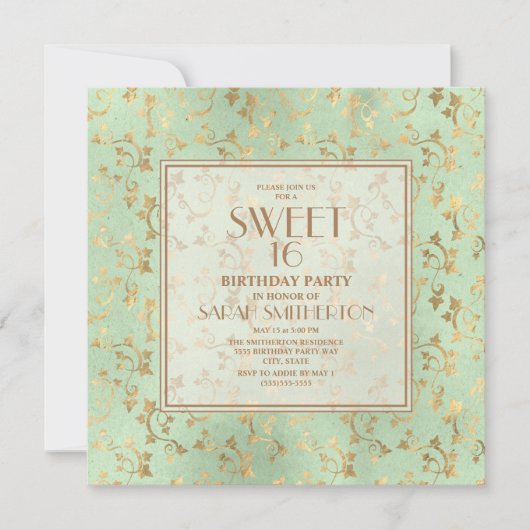 Elegant Mint Green Gold Sweet 16 Kaart (Voorkant)