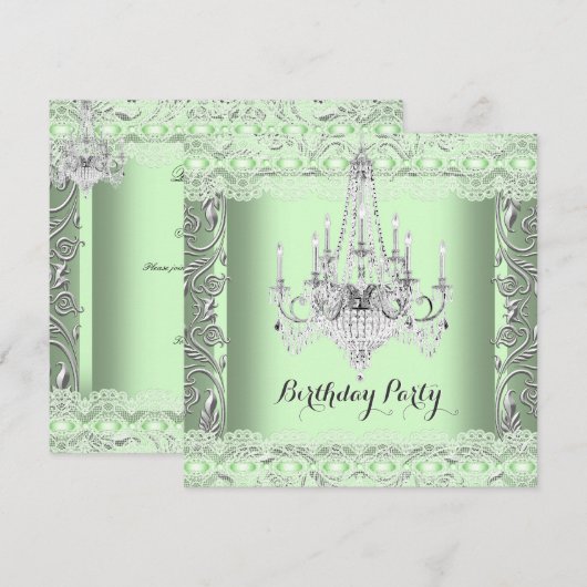 Elegant Mint Green Lace Chandelier Birthday Party Kaart (Voorkant / Achterkant)