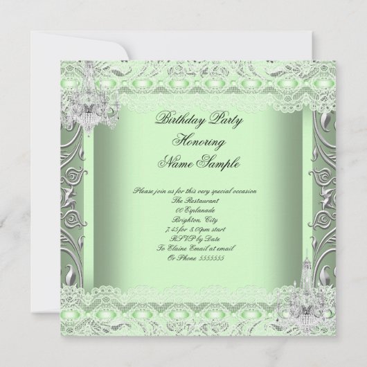 Elegant Mint Green Lace Chandelier Birthday Party Kaart (Achterkant)