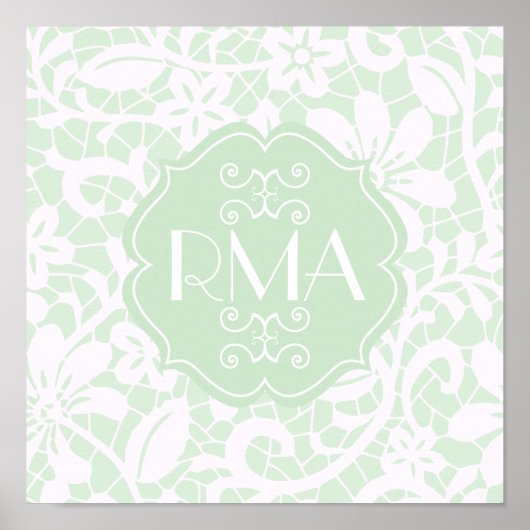 Elegant Mint Green Lace Gepersonaliseerd Monogram Poster (Voorkant)