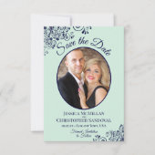 Elegant Mint Green & Navy Blue Oval Photo Weddensc Save The Date (Voorkant)