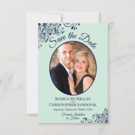 Elegant Mint Green & Navy Blue Oval Photo Weddensc Save The Date