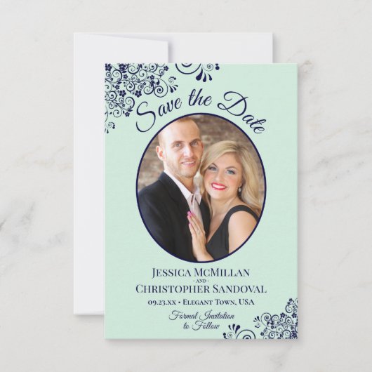 Elegant Mint Green & Navy Blue Oval Photo Weddensc Save The Date (Voorkant)