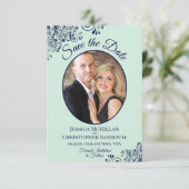 Elegant Mint Green & Navy Blue Oval Photo Weddensc Save The Date (Staand voorkant)