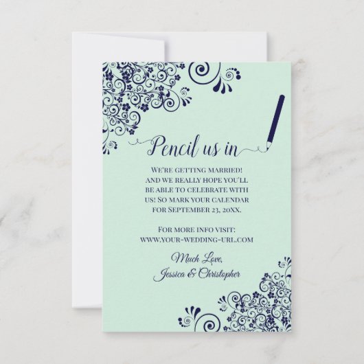 Elegant Mint Green & Navy Blue Oval Photo Weddensc Save The Date (Achterkant)