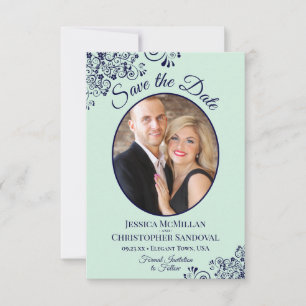 Elegant Mint Green & Navy Blue Oval Photo Weddensc Save The Date