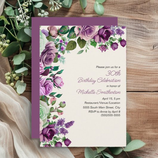 Elegant Mint Green Purple Floral 30th Birthday Kaart