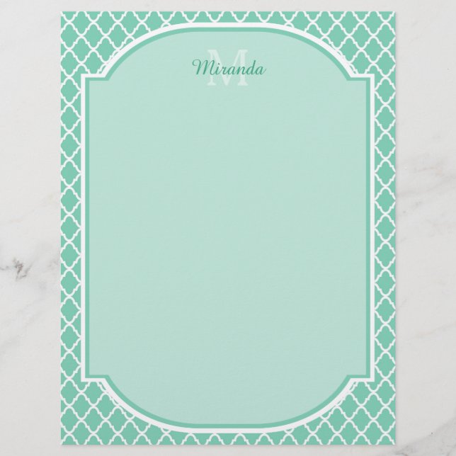 Elegant mint Green Quatrefoil Monogram met naam (Voorkant)