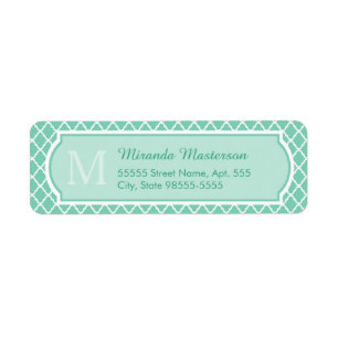 Elegant mint Green Quatrefoil Monogram met naam Etiket
