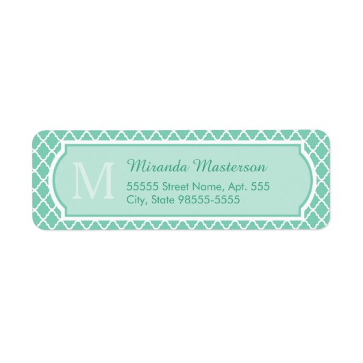 Elegant mint Green Quatrefoil Monogram met naam Etiket (Voorkant)
