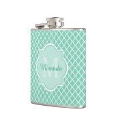 Elegant mint Green Quatrefoil Monogram met naam Heupfles (Links)