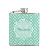 Elegant mint Green Quatrefoil Monogram met naam Heupfles (Voorkant)