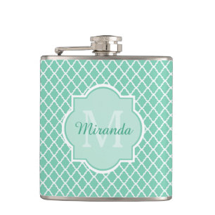 Elegant mint Green Quatrefoil Monogram met naam Heupfles