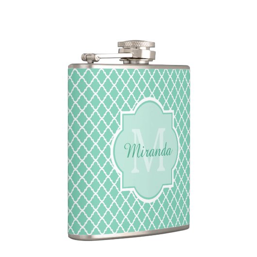 Elegant mint Green Quatrefoil Monogram met naam Heupfles (Rechts)