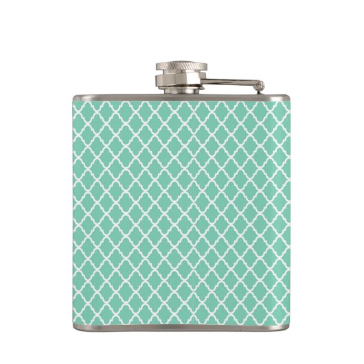 Elegant mint Green Quatrefoil Monogram met naam Heupfles (Achterkant)