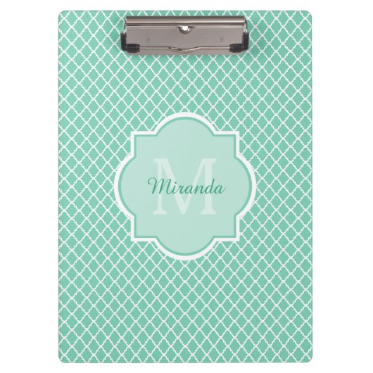 Elegant mint Green Quatrefoil Monogram met naam Klembord (Voorkant)
