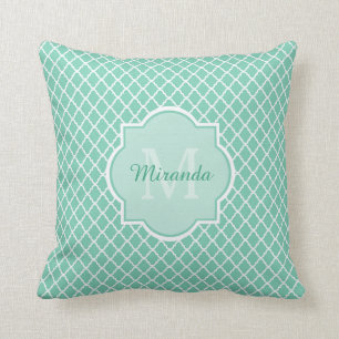 Elegant mint Green Quatrefoil Monogram met naam Kussen