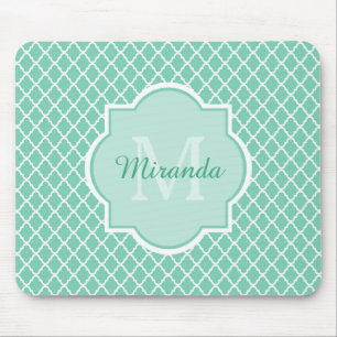 Elegant mint Green Quatrefoil Monogram met naam Muismat