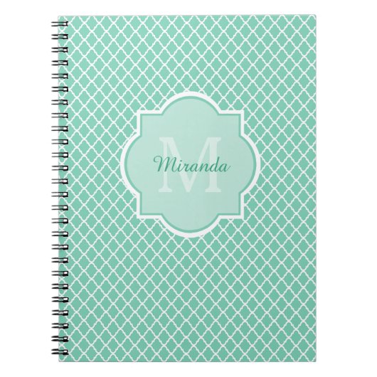 Elegant mint Green Quatrefoil Monogram met naam Notitieboek (Voorkant)
