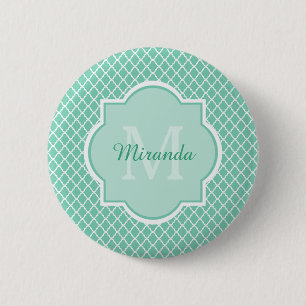 Elegant mint Green Quatrefoil Monogram met naam Ronde Button 5,7 Cm