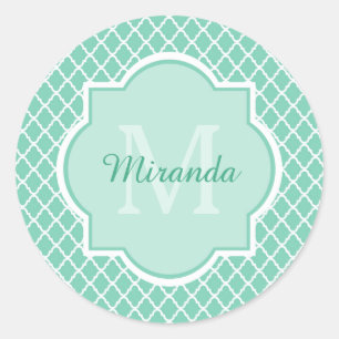 Elegant mint Green Quatrefoil Monogram met naam Ronde Sticker