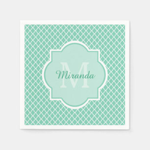 Elegant mint Green Quatrefoil Monogram met naam Servetten