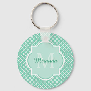 Elegant mint Green Quatrefoil Monogram met naam Sleutelhanger