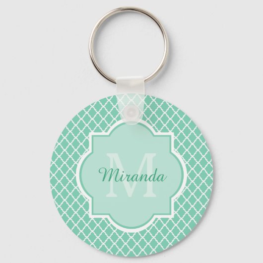 Elegant mint Green Quatrefoil Monogram met naam Sleutelhanger (Voorkant)