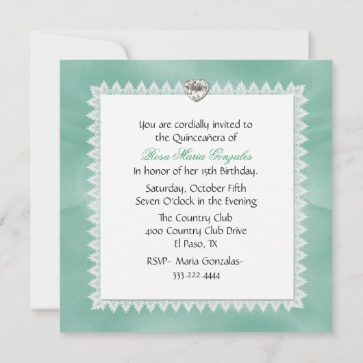 Elegant Mint Green Quinceañera Birthday Party Kaart (Achterkant)