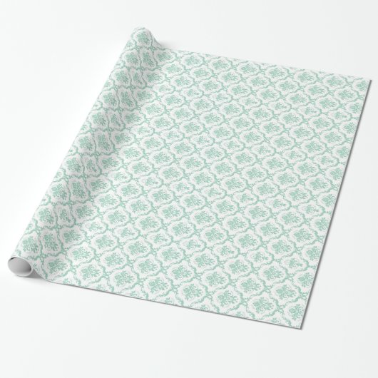 Elegant Mint-Green & White Floral Damaskers Cadeaupapier (Uitgerold)