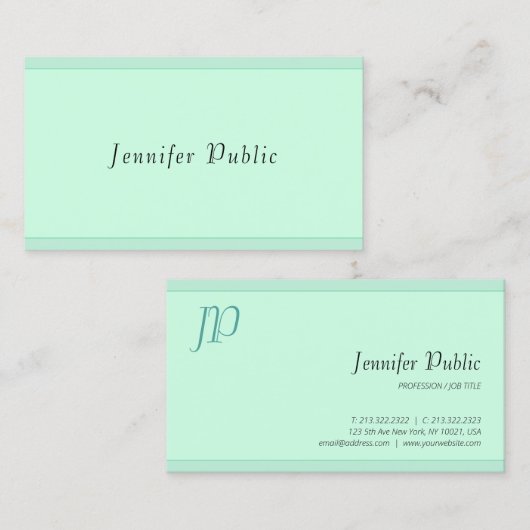 Elegant Mint Groen Monogram Sjabloon Modern Script Visitekaartje (Voorkant / Achterkant)