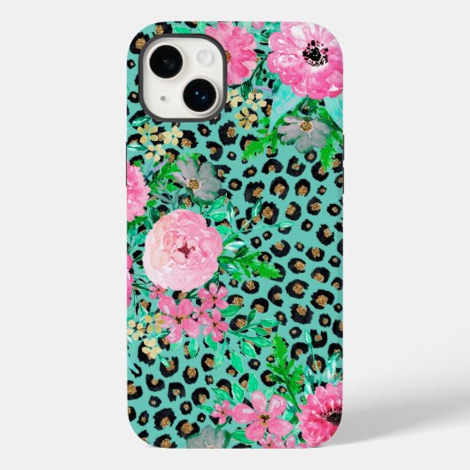 Elegant Mint Leopard Print en Floral Design Case-Mate iPhone Case (Achterkant)