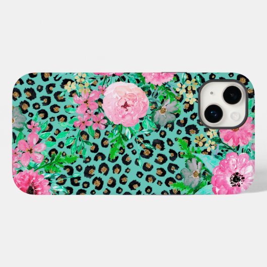 Elegant Mint Leopard Print en Floral Design Case-Mate iPhone Case (Achterkant (horizontaal))
