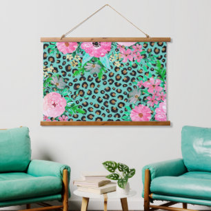 Elegant Mint Leopard Print en Floral Design Hangend Wandkleed