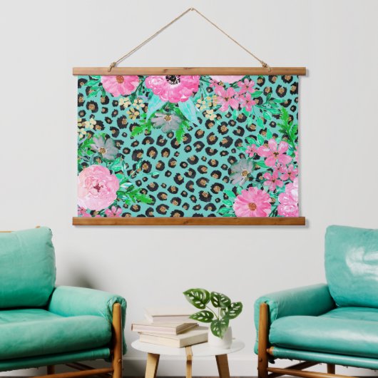 Elegant Mint Leopard Print en Floral Design Hangend Wandkleed (Woonkamer)