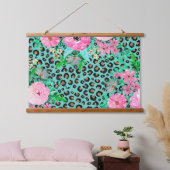 Elegant Mint Leopard Print en Floral Design Hangend Wandkleed (Slaapkamer)