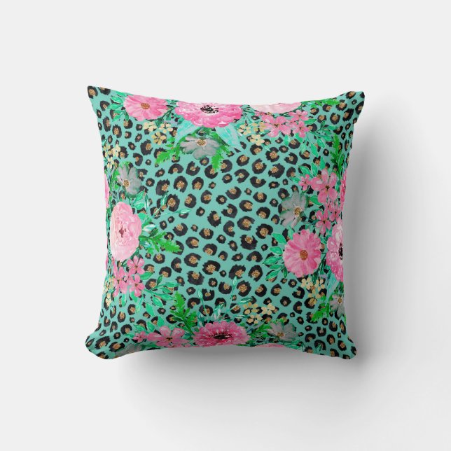 Elegant Mint Leopard Print en Floral Design Kussen (Voorkant)