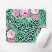 Elegant Mint Leopard Print en Floral Design Muismat (Met muis)