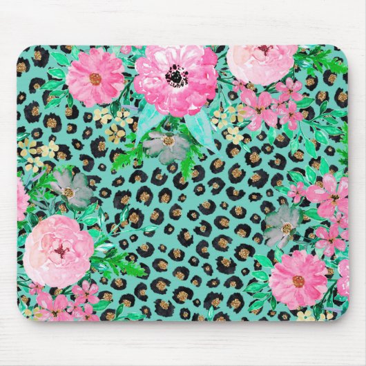 Elegant Mint Leopard Print en Floral Design Muismat (Voorkant)