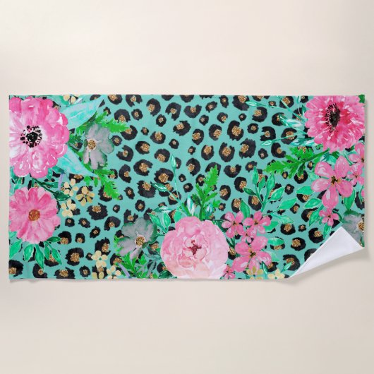Elegant Mint Leopard Print en Floral Design Strandlaken (Voorkant)