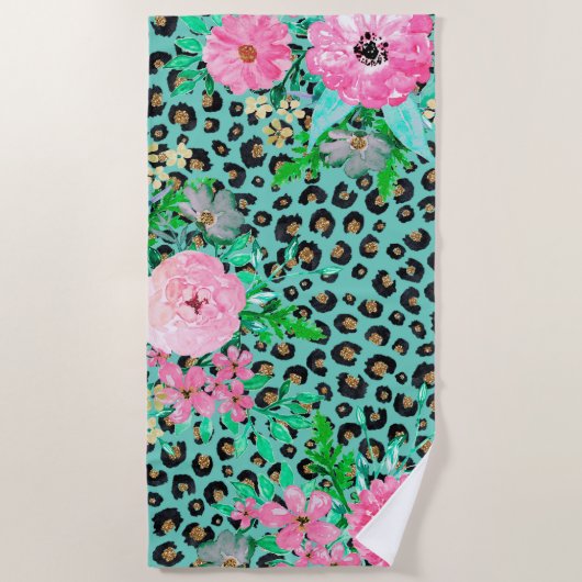 Elegant Mint Leopard Print en Floral Design Strandlaken (Voorkant)