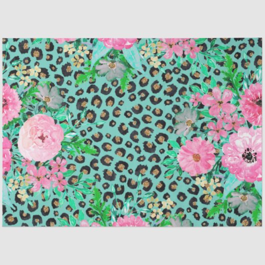 Elegant Mint Leopard Print en Floral Design Tissuepapier (Voorkant)
